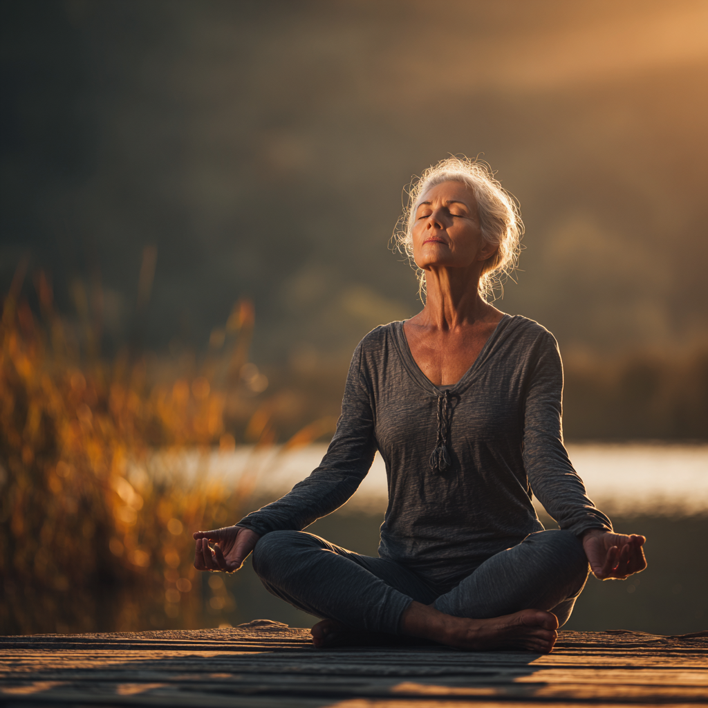 mature woman practicing yoga meditation in peaceful environment